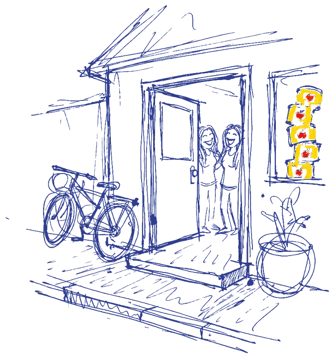 Two women laughing in the open door of a small bar at night, a tower of yellow appelstroop tins in the window, drawn in blue ballpoint