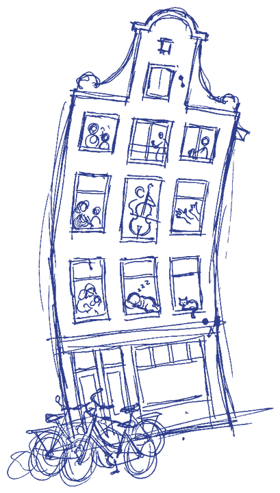 Her narrow Amsterdam house with people in every window, drawn in blue ballpoint