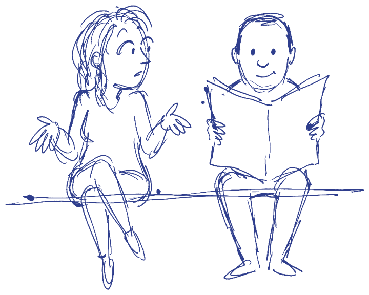 Two strangers on a bench, one talking with her hands, the other looking up from his newspaper, drawn in blue ballpoint