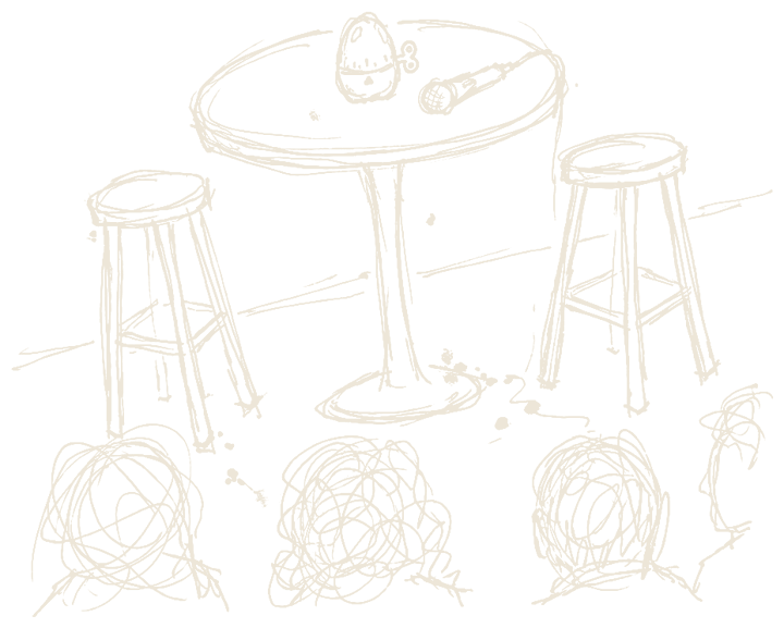 An egg timer and a microphone on a little table between two stools, with the audience in front, drawn in blue ballpoint