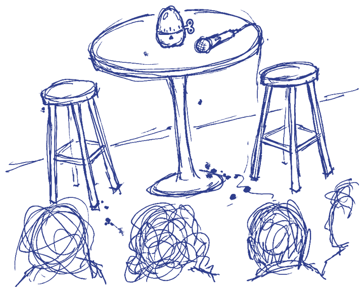 An egg timer and a microphone on a little table between two stools, with the audience in front, drawn in blue ballpoint